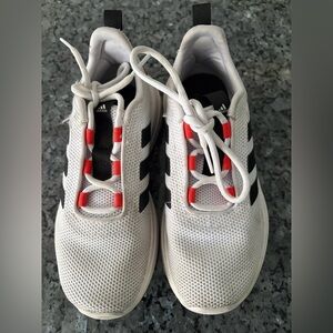 Adidas Kids White Sneakers with Black Stripes and Red Accents
